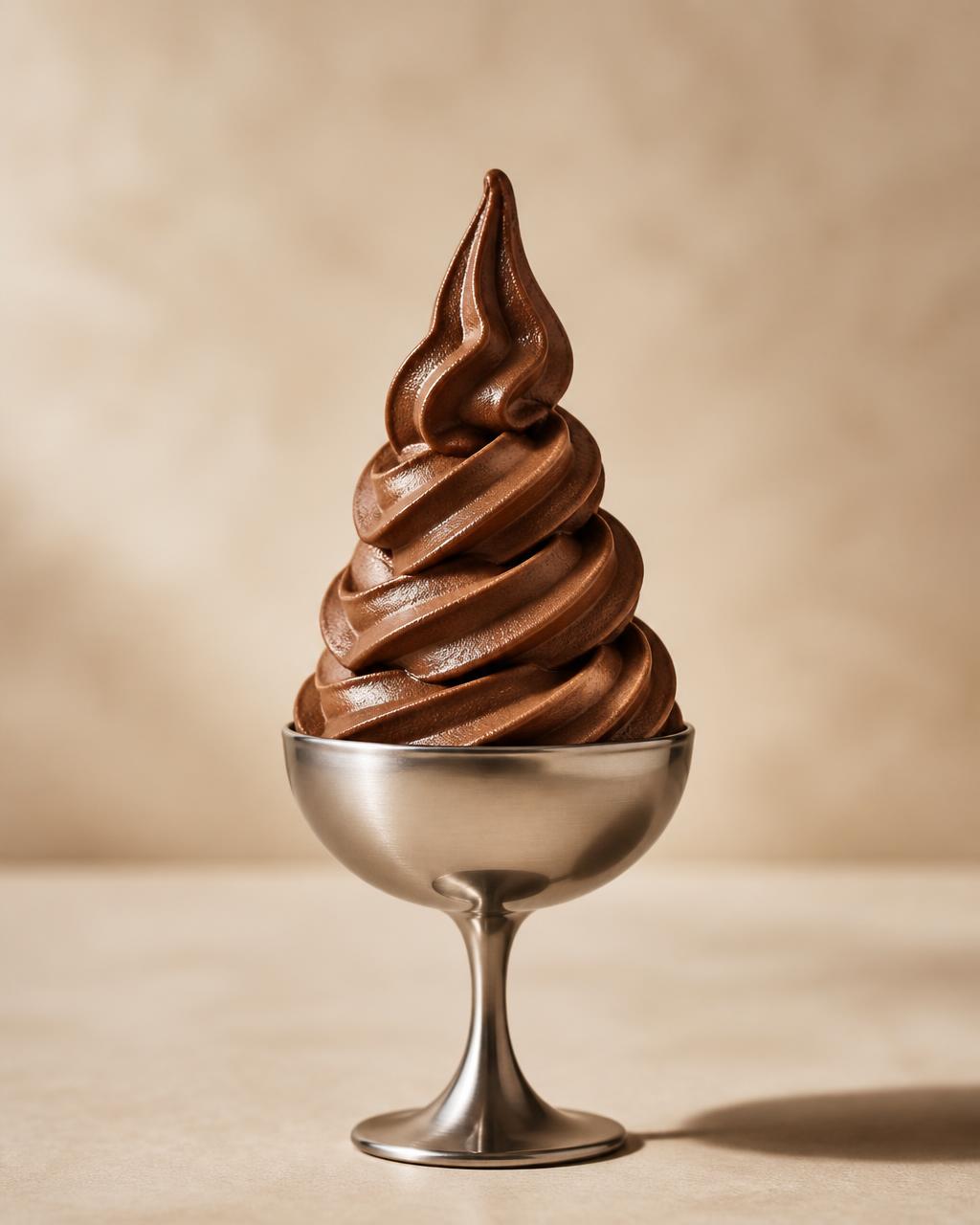 Hoge sliert chocolade-ijs in een metalen ijscoupe